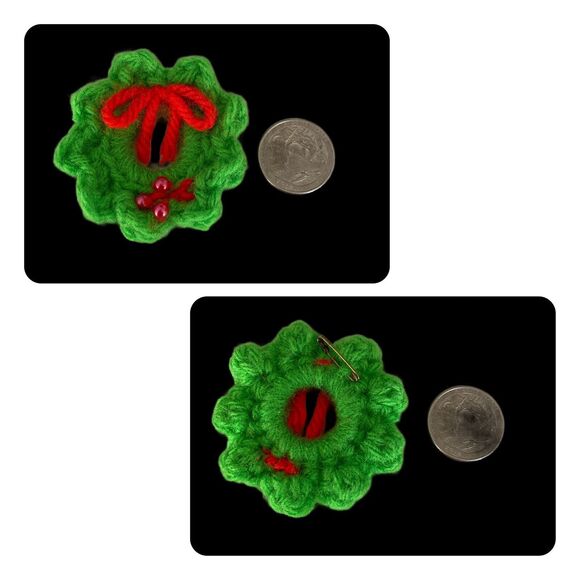 Hand Made Set of 7 Crochet Christmas Pins, Santa Claus Wreats Skates Girl Gifts - Picture 6 of 11